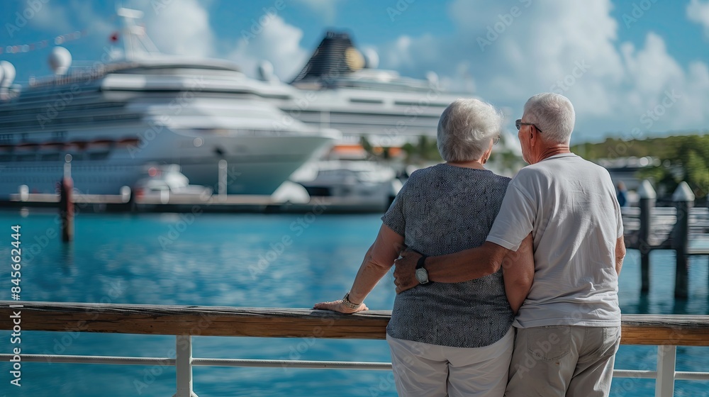A Couple Embracing, Watching Cruise Ships Depart in the Caribbean A Couple Embracing, Watching Cruise Ships Depart in the Caribbean