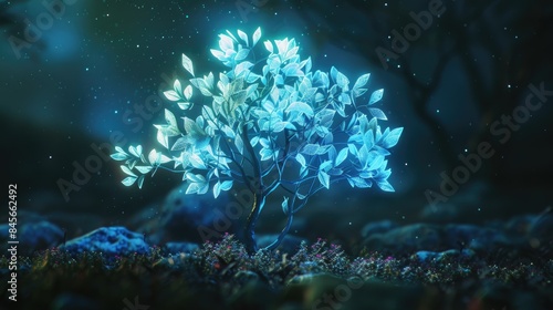 An AI-crafted tree with transparent leaves, glowing softly in a digital environment.