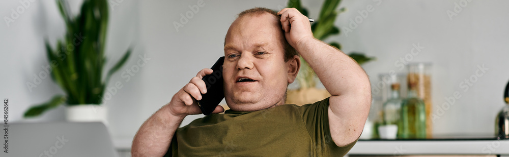 Fototapeta premium A man with inclusivity in casual attire sits at home talking on the phone.