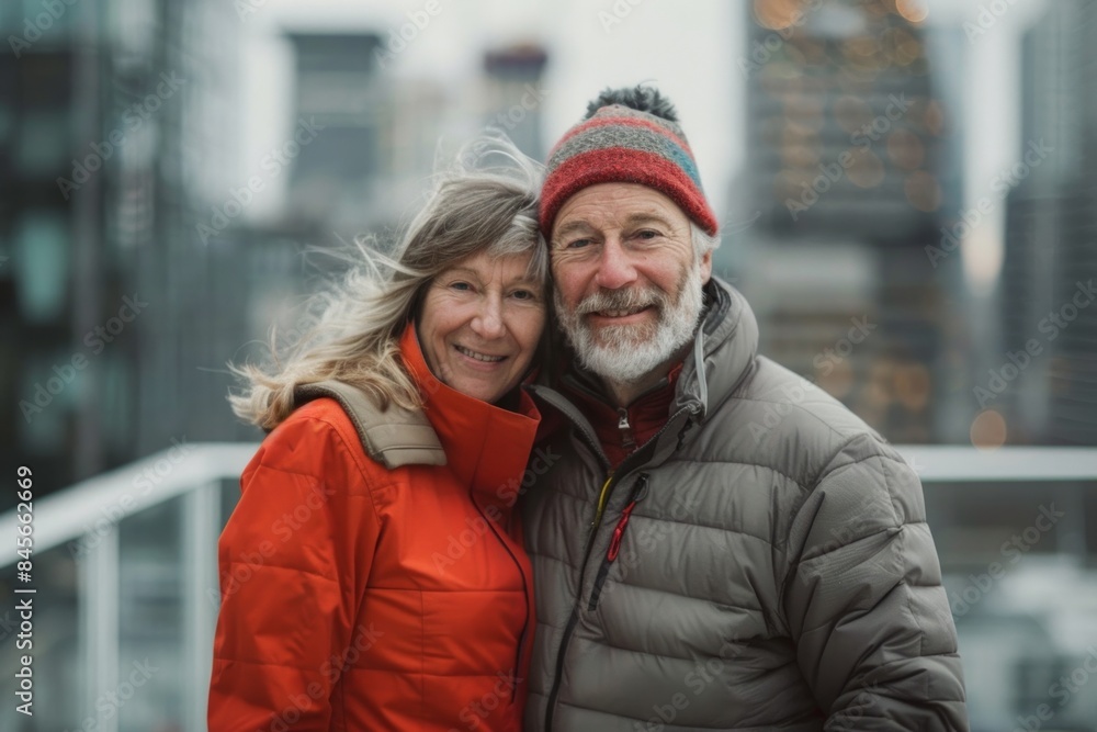 Portrait of a content couple in their 60s dressed in a water-resistant gilet on modern cityscape background Portrait of a content couple in their 60s dressed in a water-resistant gilet on modern cityscape background