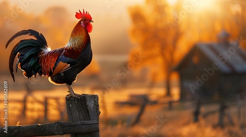 Rooster Crowing at Sunrise Perched on Rustic Farm Fence with Countryside Background