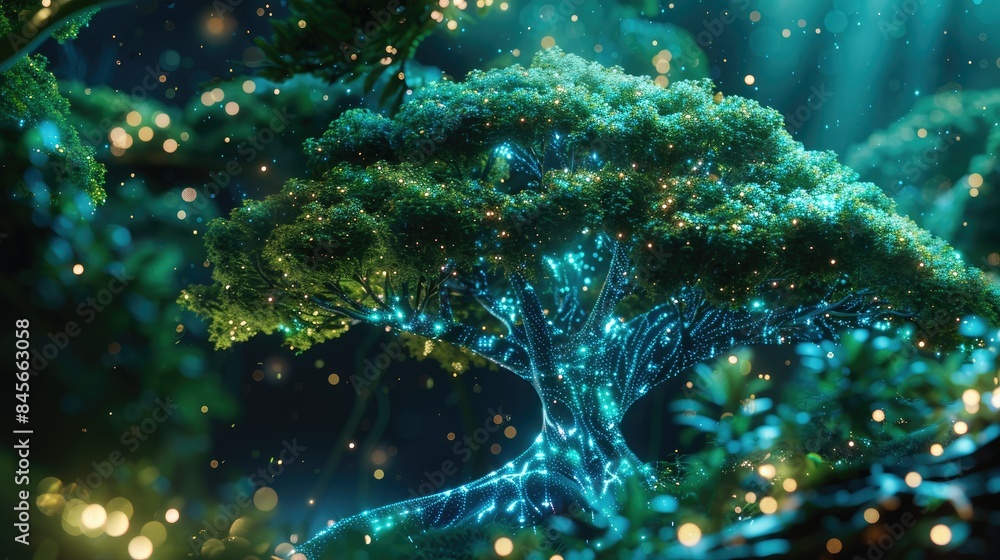 Obraz premium An AI-generated tree with holographic branches and glowing foliage, floating in a cybernetic forest.