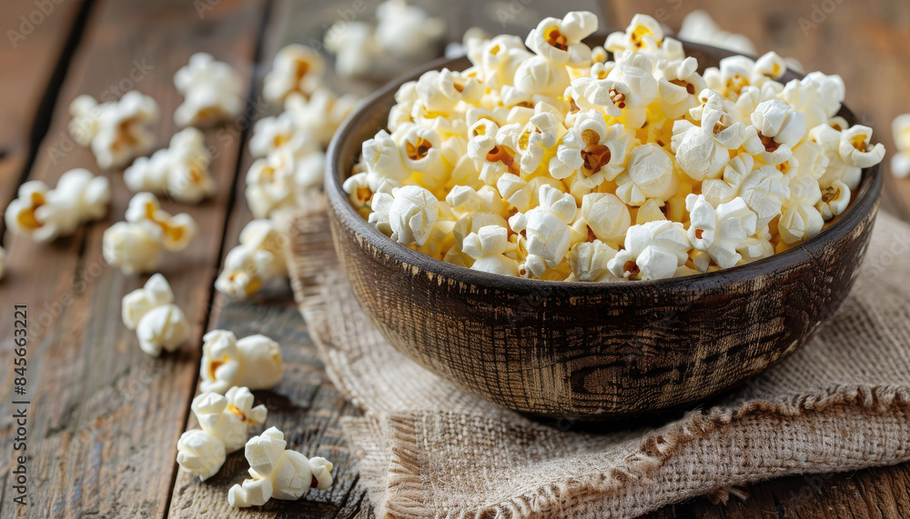 A bowl filled with freshly popped salted popcorn resting on a rustic wooden table A bowl filled with freshly popped salted popcorn resting on a rustic wooden table