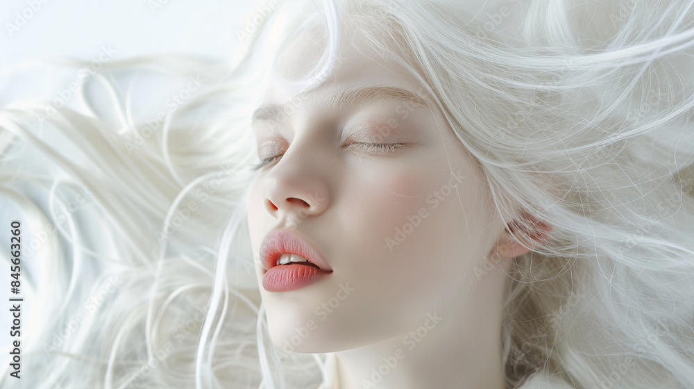 Serene close-up portrait of a person with albinism, eyes closed. Suitable for awareness campaigns, beauty articles, and social media. Generated AI Serene close-up portrait of a person with albinism, eyes closed. Suitable for awareness campaigns, beauty articles, and social media. Generated AI