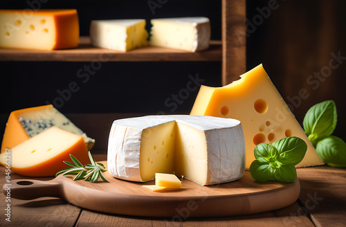 an assortment of handmade cheeses on wooden shelves, cheese heads in the background photo