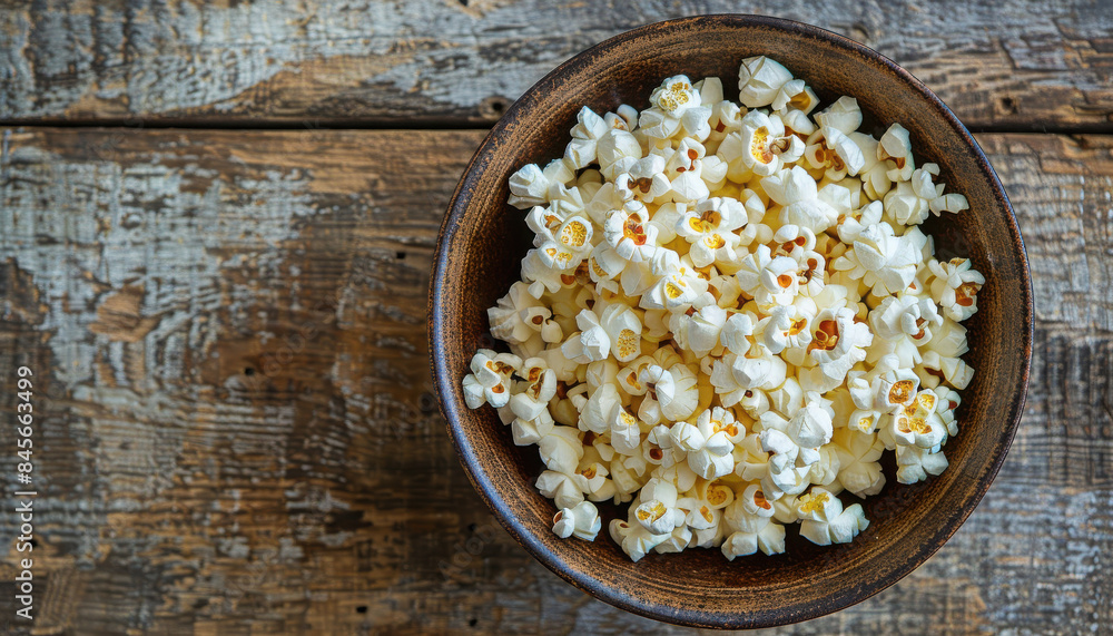A bowl filled with freshly popped salted popcorn resting on a rustic wooden table A bowl filled with freshly popped salted popcorn resting on a rustic wooden table