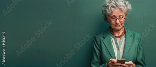 Senior Woman Using Smartphone In Front Of Green Chalkboard