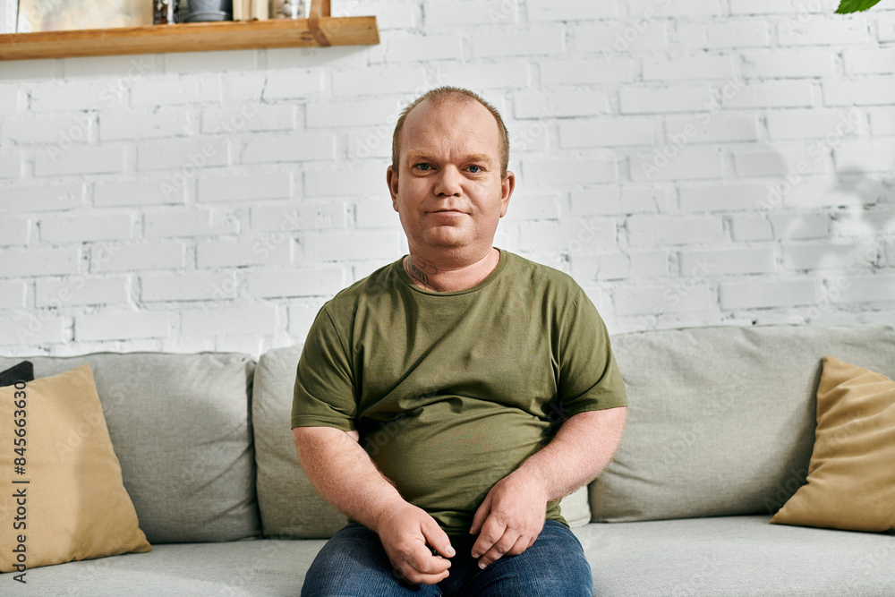 A man with inclusivity sits on a couch, calmly looking at the camera. A man with inclusivity sits on a couch, calmly looking at the camera.