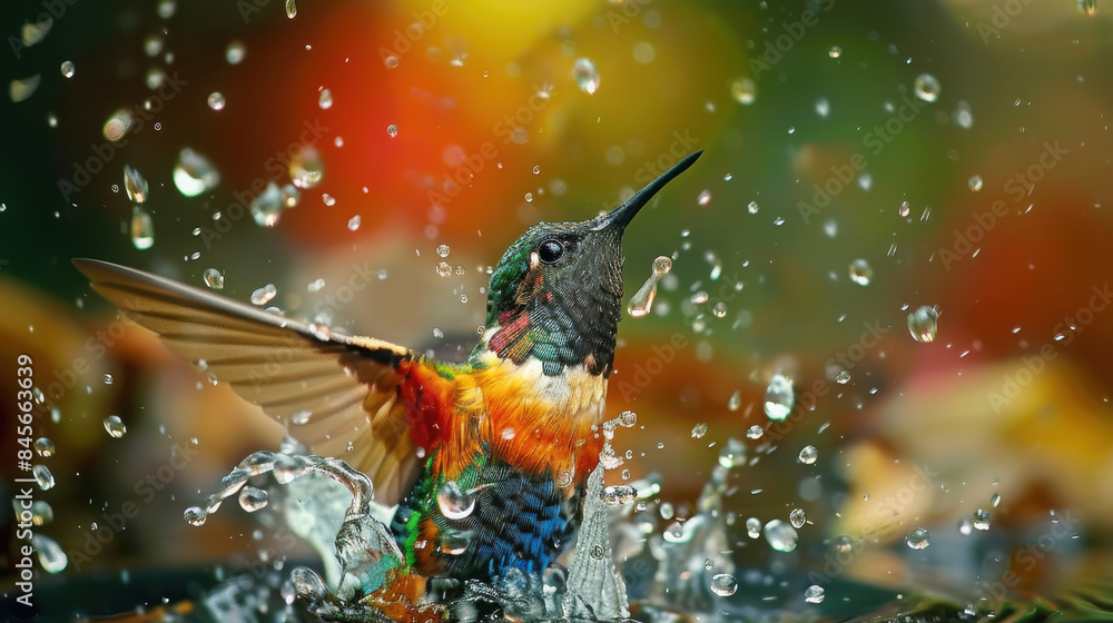 Naklejka premium A colorful hummingbird energetically bathes in water, surrounded by a lively burst of droplets