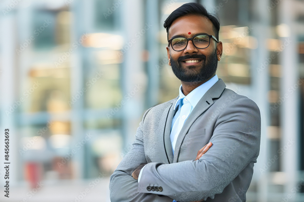 Fototapeta premium A confident Indian businessman, highlights professional success, with copy space