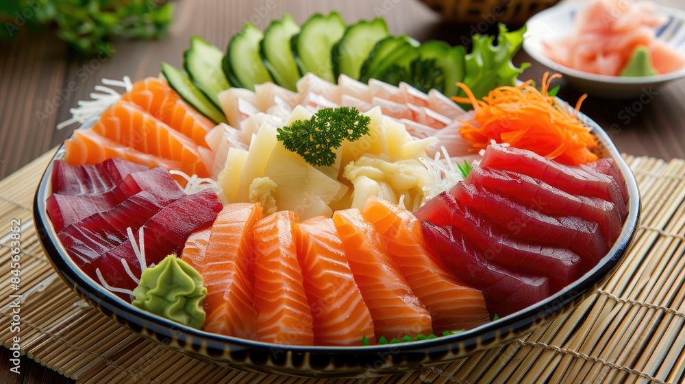 Assorted sashimi platter with wasabi and garnish arranged on a bamboo mat. Assorted sashimi platter with wasabi and garnish arranged on a bamboo mat.