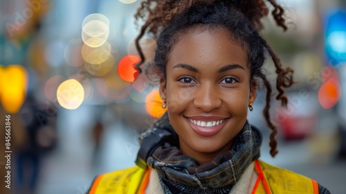 Smiling Woman With Brown Hair in a Busy Street Scene