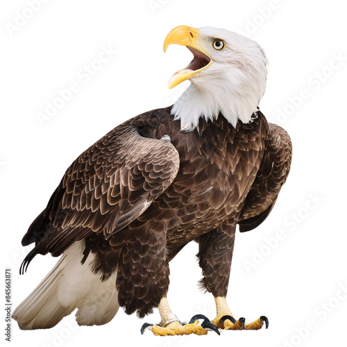 a bald eagle standing on its hind legs with its mouth open, displaying its sharp beak and white head. photo