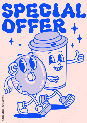 Retro style Funny cartoon donut and coffee cup poster. Special offer flyer, Groovy vintage 70s coffee and donut characters walking arm in arm.