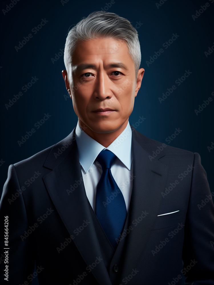 Asian man in his fifties, dressed in a formal business suit, deep blue suit, tie and white shirt. Japanese corporate style of the. Gray background. Director or executive leader. Asian man in his fifties, dressed in a formal business suit, deep blue suit, tie and white shirt. Japanese corporate style of the. Gray background. Director or executive leader.