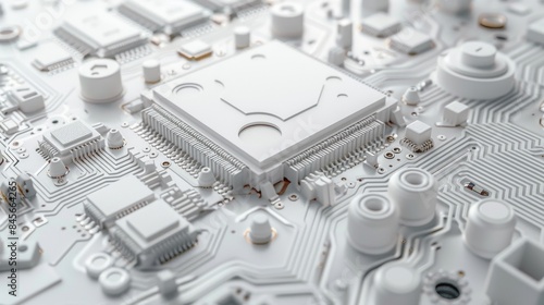 Illustration of a high-tech circuit board of the future in white colors, quantum computer, 3D printer, future technology, futuristic, great for scientific articles, white high-tech background