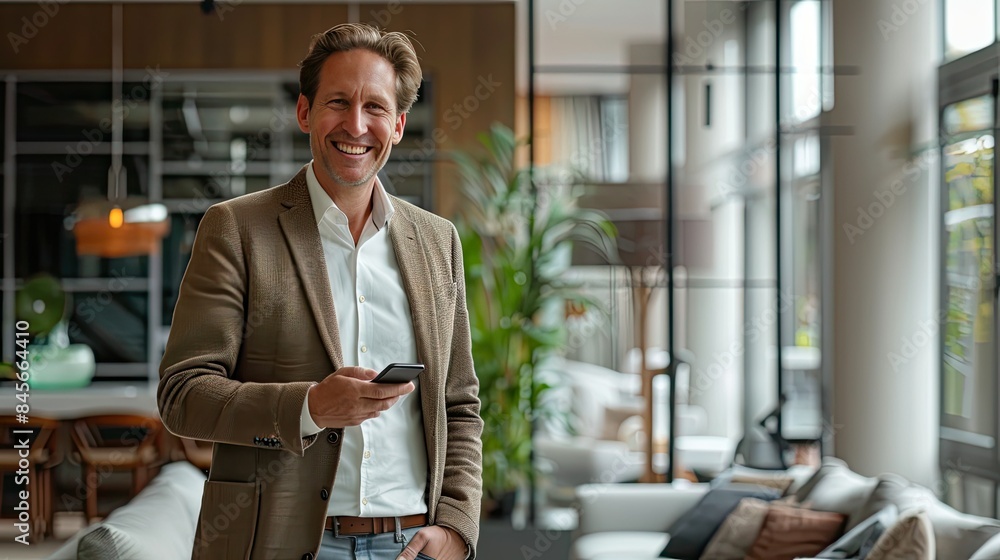 Businessman in his 40s, standing and smiling, phone in hand, in a modern, professional setting. Businessman in his 40s, standing and smiling, phone in hand, in a modern, professional setting.