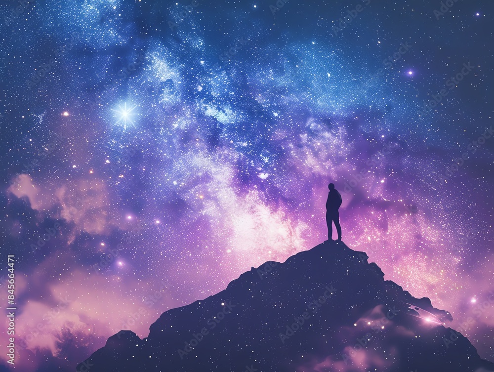 Fototapeta premium A silhouette stands on a rocky peak gazing at a vibrant, star-filled night sky, representing awe and wonder at the universe's vastness.