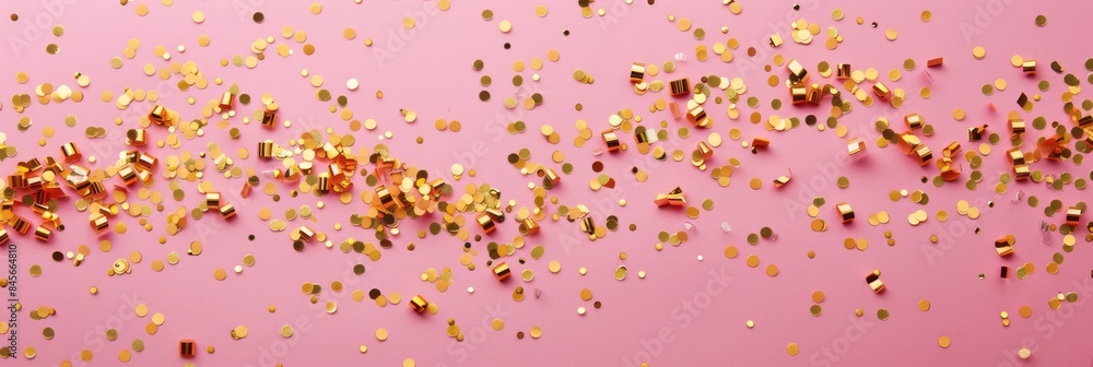Obraz premium Golden confetti cascades over a soft pink backdrop, adding a touch of glamour and festivity to the air, evoking a sense of joy and celebration, banner