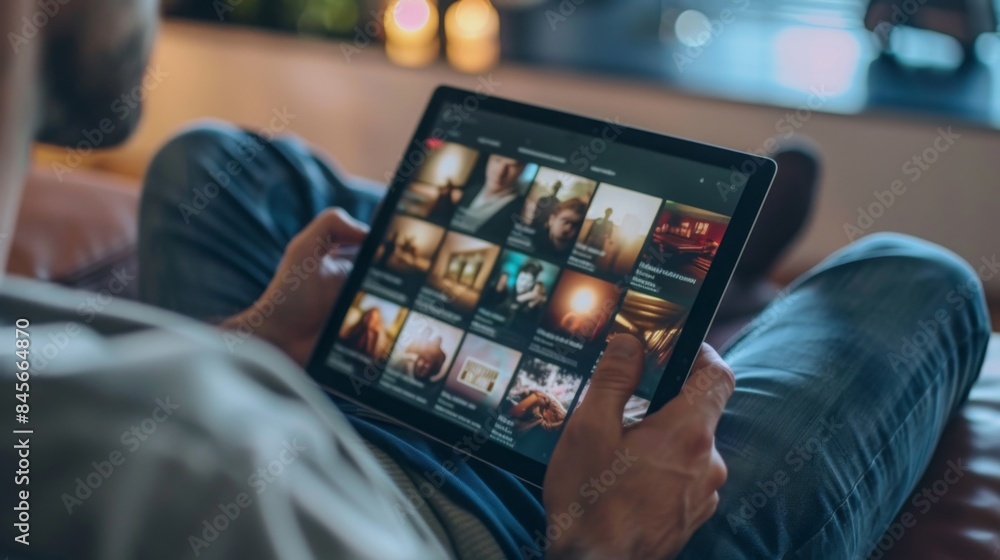 A man sits on a couch at home, browsing through a grid of images on his tablet. A man sits on a couch at home, browsing through a grid of images on his tablet.