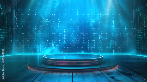 Futuristic digital stage with glowing blue lights and technological background, perfect for sci-fi concepts and high-tech presentations.