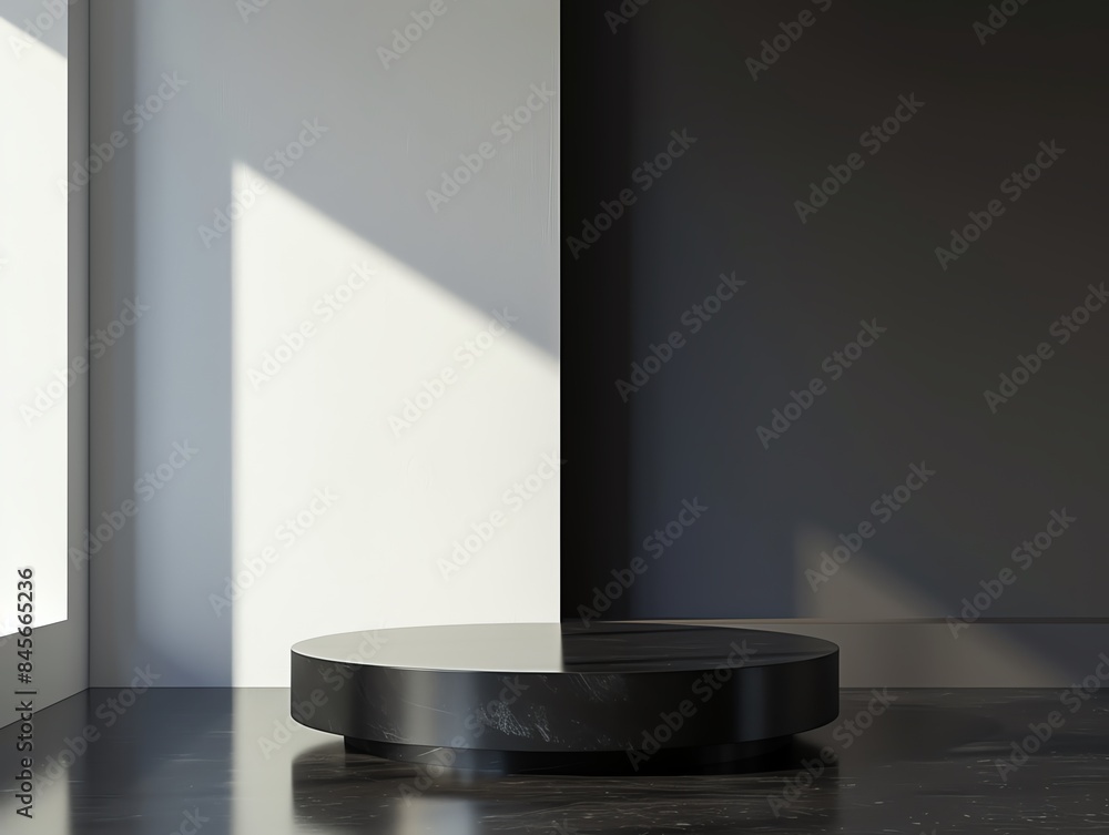 A minimalist image of a black podium in a sunlit room. The clean lines and contrasting colors create a modern and sophisticated look. A minimalist image of a black podium in a sunlit room. The clean lines and contrasting colors create a modern and sophisticated look.