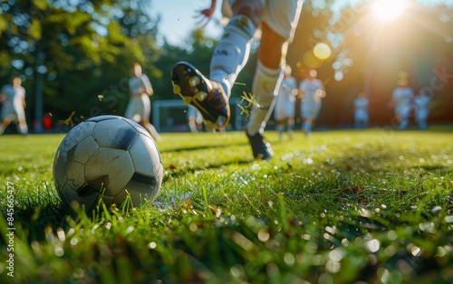 Soccer Player Kicking Ball on Grass Field During Sunny Day