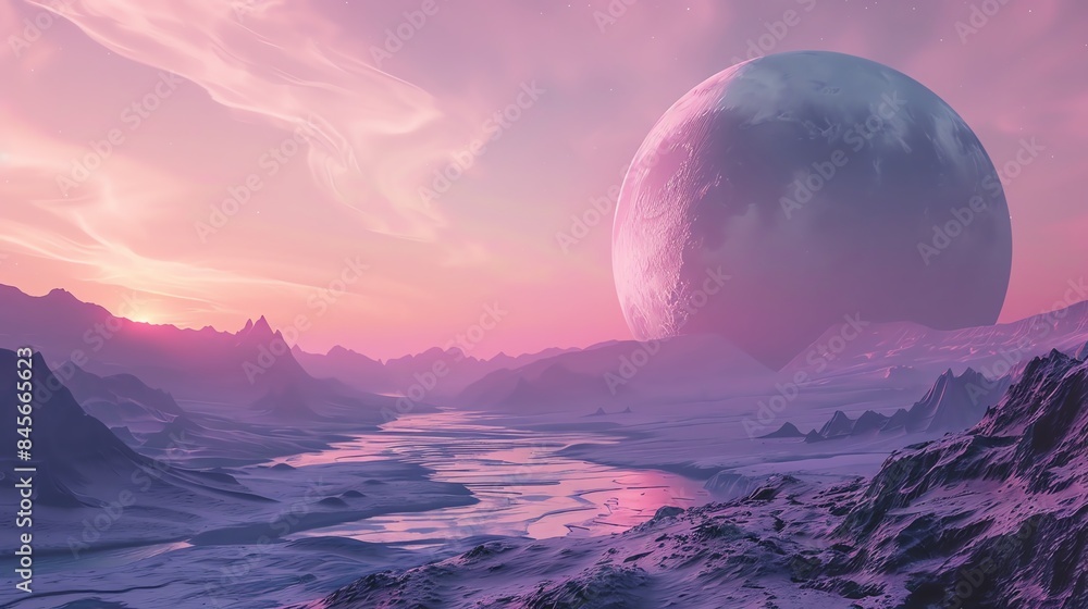 Surreal alien landscape with a giant planet in the sky, featuring pink and purple hues, mountains, and a winding river under a serene sunset. Surreal alien landscape with a giant planet in the sky, featuring pink and purple hues, mountains, and a winding river under a serene sunset.