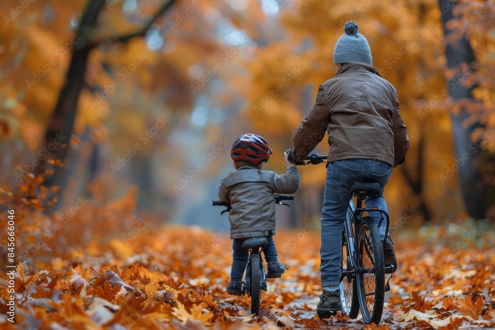 Two Boys Riding Bikes Through Autumn Leaves Two Boys Riding Bikes Through Autumn Leaves