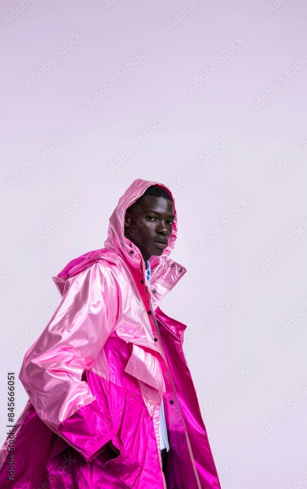 Modern fashion. black Man in a bright pink jacket with a bright isolated background. Adaptation for fashion magazines, advertising and social media. Style and creativity. copyspace Modern fashion. black Man in a bright pink jacket with a bright isolated background. Adaptation for fashion magazines, advertising and social media. Style and creativity. copyspace