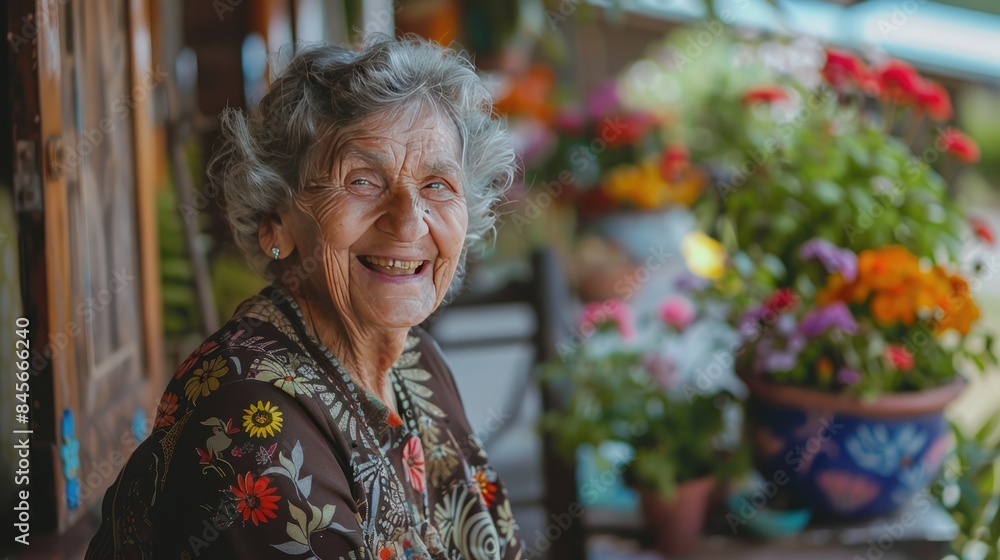 Elderly woman with a joyful smile, sitting on a porch with a beautiful garden view. Elderly woman with a joyful smile, sitting on a porch with a beautiful garden view.