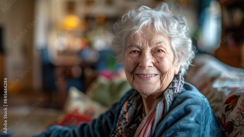 Elderly woman with a warm smile, sitting comfortably in a cozy living room. Elderly woman with a warm smile, sitting comfortably in a cozy living room.