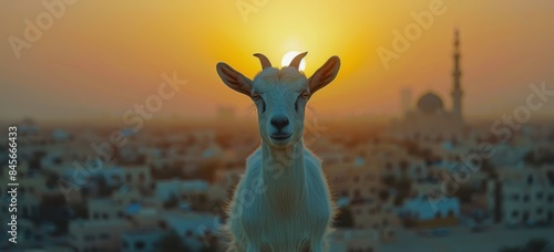 White Goat Gazing at Sunset Over Cityscape With Mosque
