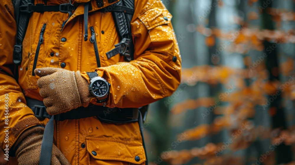 A person wearing an orange jacket and holding a watch on their wrist. The jacket is wet, possibly from rain or snow. The person is also wearing a backpack. A person wearing an orange jacket and holding a watch on their wrist. The jacket is wet, possibly from rain or snow. The person is also wearing a backpack.