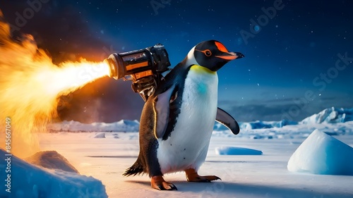 A penguin in 8k HD, suited in Arctic combat gear, wielding a flamethrower. The background is a frozen tundra with glaciers and the northern lights in the sky. Generative AI