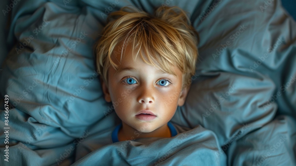 A young boy with blonde hair and blue eyes is lying in bed, looking at the camera. He is wearing a blue shirt and appears to be sleeping or resting. A young boy with blonde hair and blue eyes is lying in bed, looking at the camera. He is wearing a blue shirt and appears to be sleeping or resting.