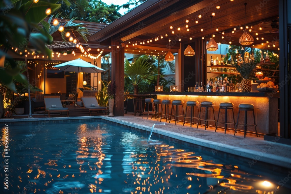 Evening Poolside Bar With String Lights and Palm Trees