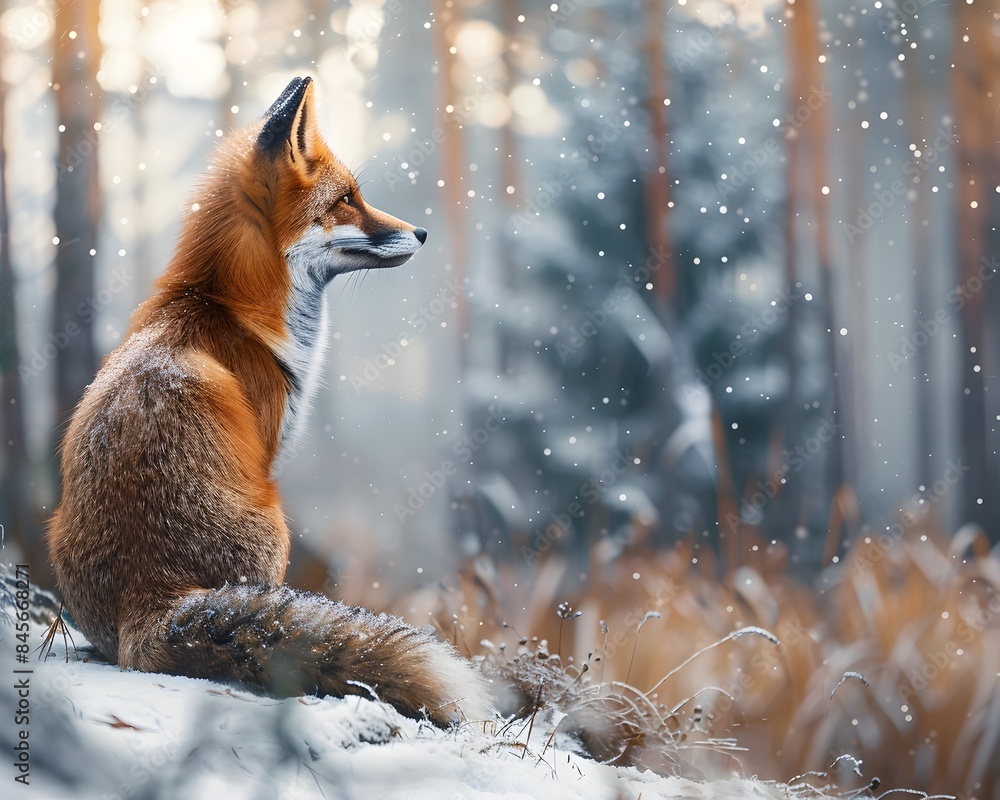 Fototapeta premium Serene Moment Red Fox Sitting Amidst Snowy Forest Scenery
