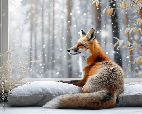 Serene Red Fox in Snowy Forest with Peaceful Atmosphere photo