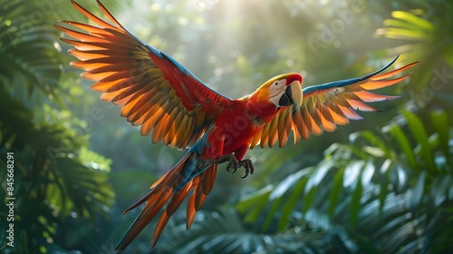 Vibrant Macaw Flying Through Lush Tropical Jungle With Colorful Feathers Spread Wide © Thares2020