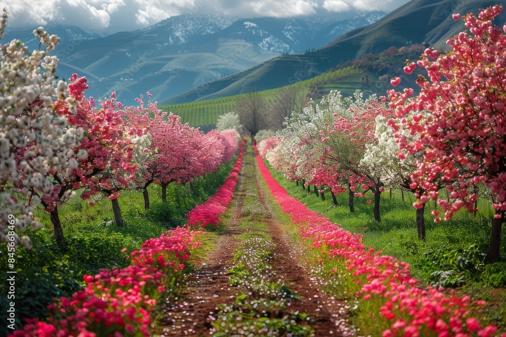 Pink Cherry Blossom Trees Line a Pathway in Spring Pink Cherry Blossom Trees Line a Pathway in Spring