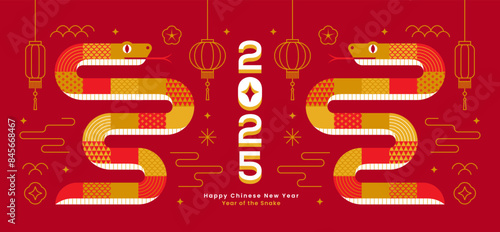 New Year 2025 greeting card or banner design with two snakes and chinese decorative elements.