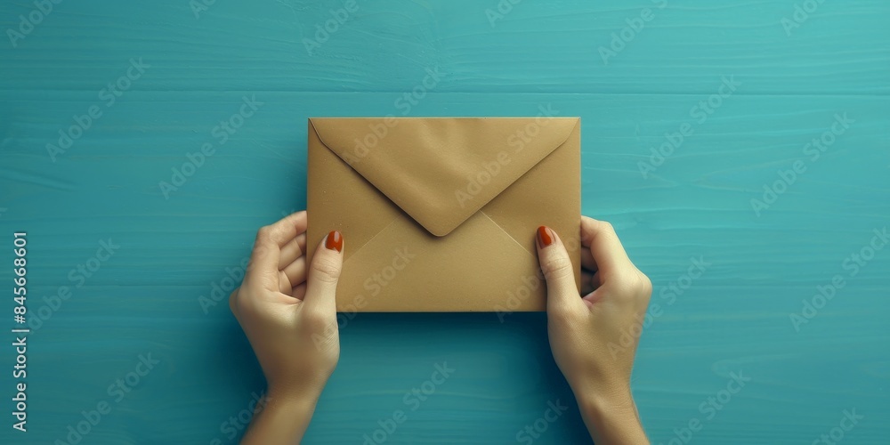 A pair of hands holding a brown envelope against a blue background, highlighting simplicity and modernity, perfect for themes of communication, correspondence, and minimalistic design. A pair of hands holding a brown envelope against a blue background, highlighting simplicity and modernity, perfect for themes of communication, correspondence, and minimalistic design.