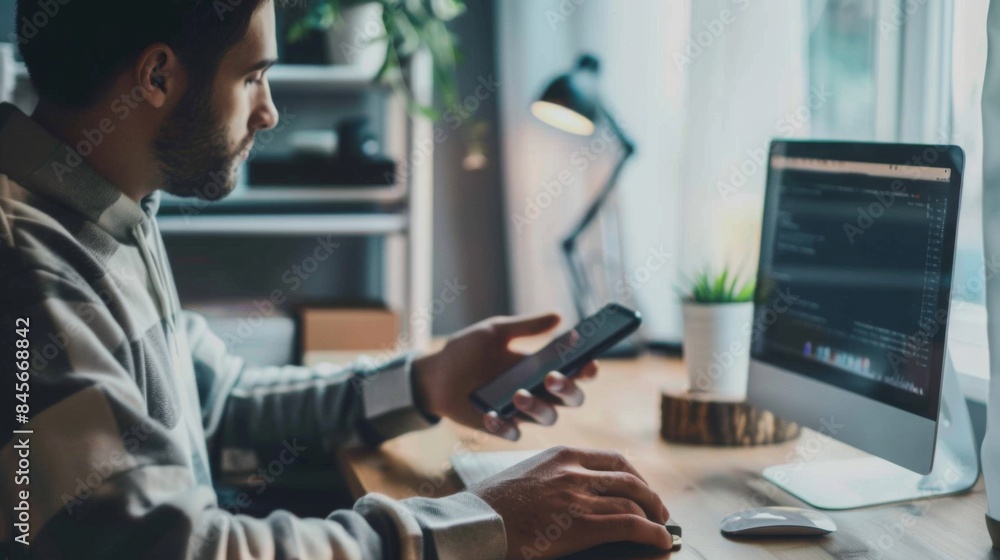 A man sits at a desk in a home office, working on his computer. He is holding a smartphone in his right hand and typing with his left hand. He appears to be focused on his work. A man sits at a desk in a home office, working on his computer. He is holding a smartphone in his right hand and typing with his left hand. He appears to be focused on his work.