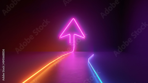 3d render, abstract minimalist geometric background. Colorful neon ascending arrow, linear sign