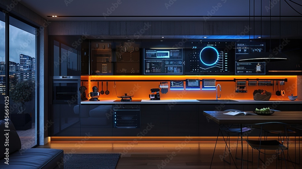 modern kitchen with Holographic Projection with Technology Icons