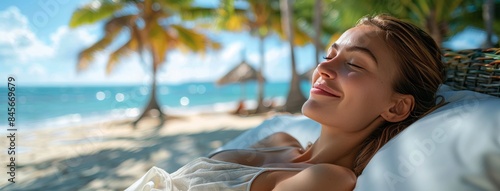 Woman Relaxing on Beach Lounger With Ocean View and Palm Trees