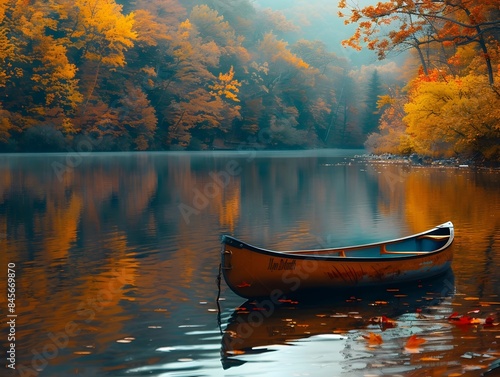 Peaceful Autumn Canoe Ride on Serene Lake Surrounded by Vibrant Foliage
