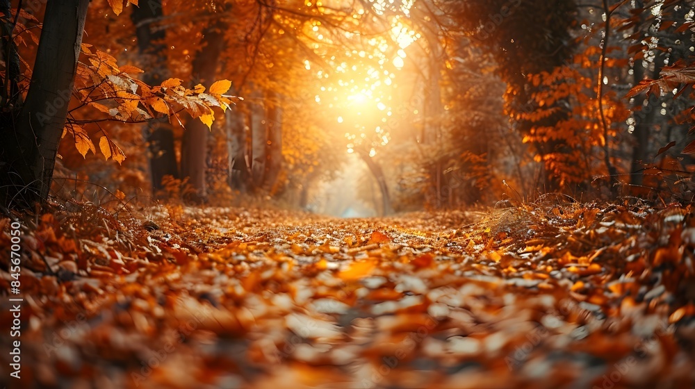 Serene Autumn Forest Path Bathed in Golden Sunlight and Vibrant Fall Foliage