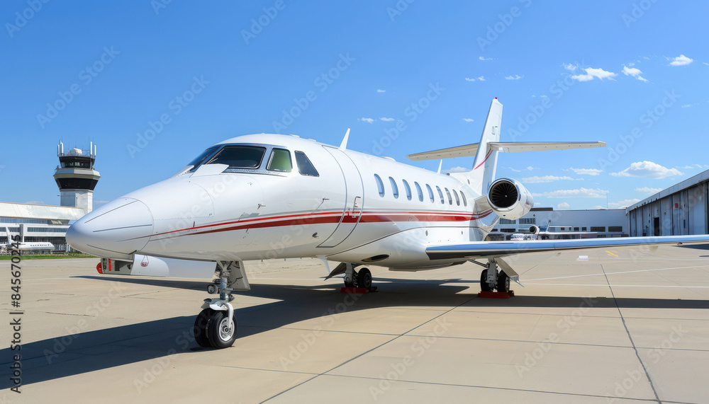 Business private jet airplane parked at terminal. Luxury tourism and business travel transportation concept Business private jet airplane parked at terminal. Luxury tourism and business travel transportation concept